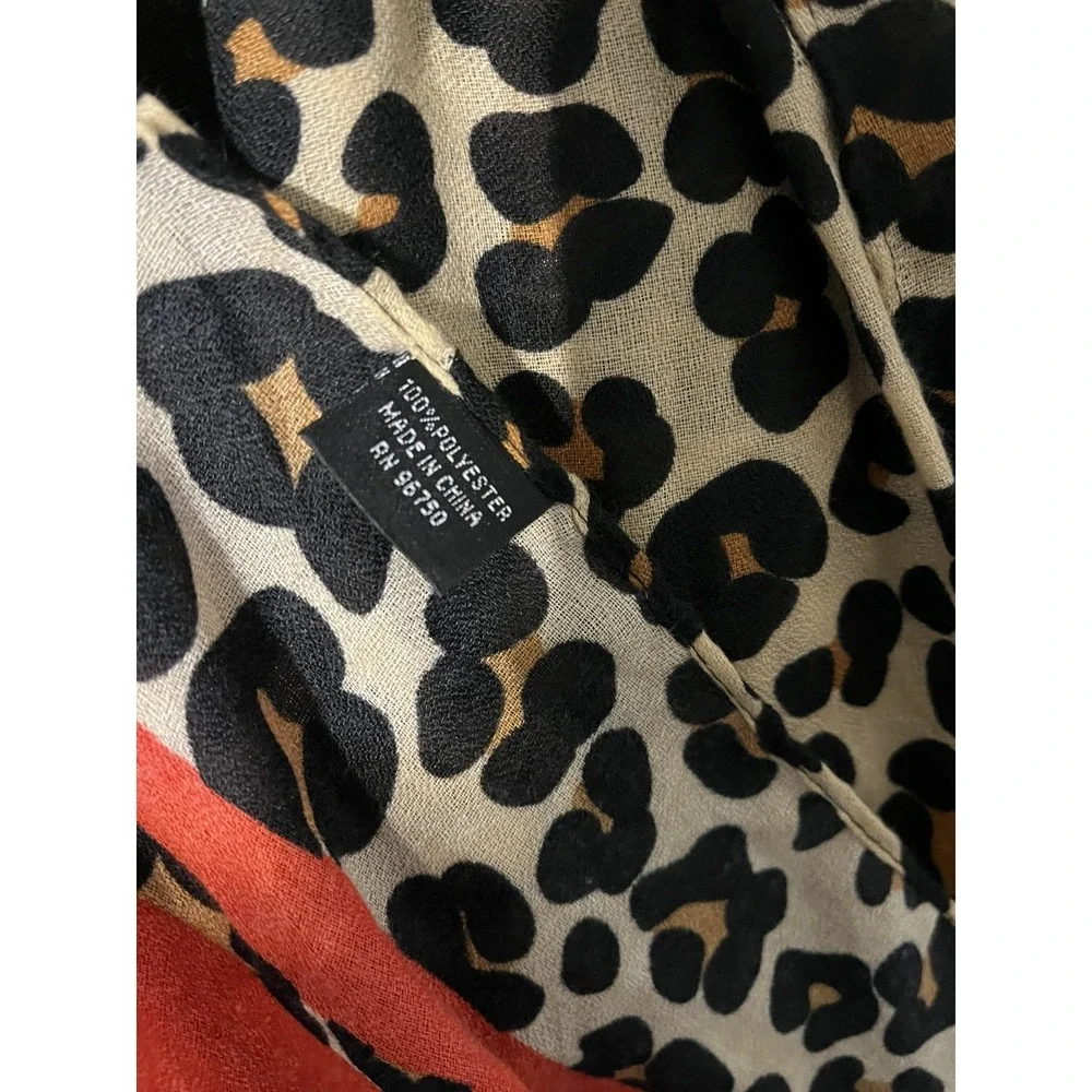 Women's Leopard Print Scard with Red Stripe Accents One Size - Picture 6 of 7